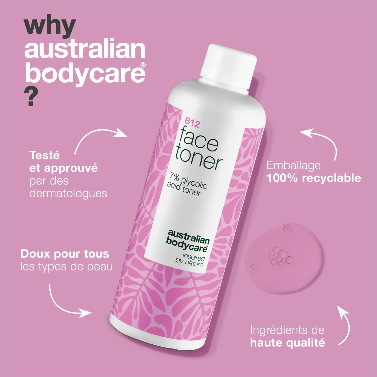 Tonique visage B12 et 7% Glycolic Acid pour peau lisse — Tonique exfoliant avec B12 et 7% Glycolic Acid. Illumine le teint et lisse la peau pour une apparence fraîche et uniforme. – Image 5